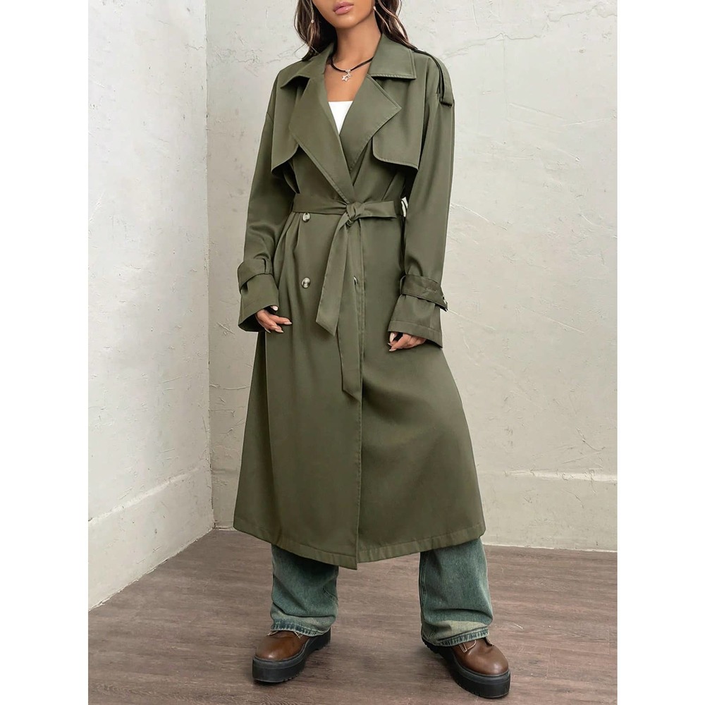 preppy olive green Lapel collar Double Breasted Belted Trench Coat - Picture 5 of 7